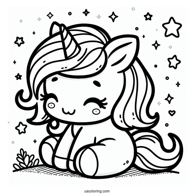 Easy Kawaii Unicorn Sitting Coloring Page For Kids