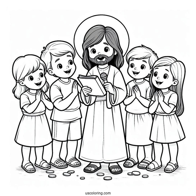 Boys And Girls Listening To Jesus Coloring Page