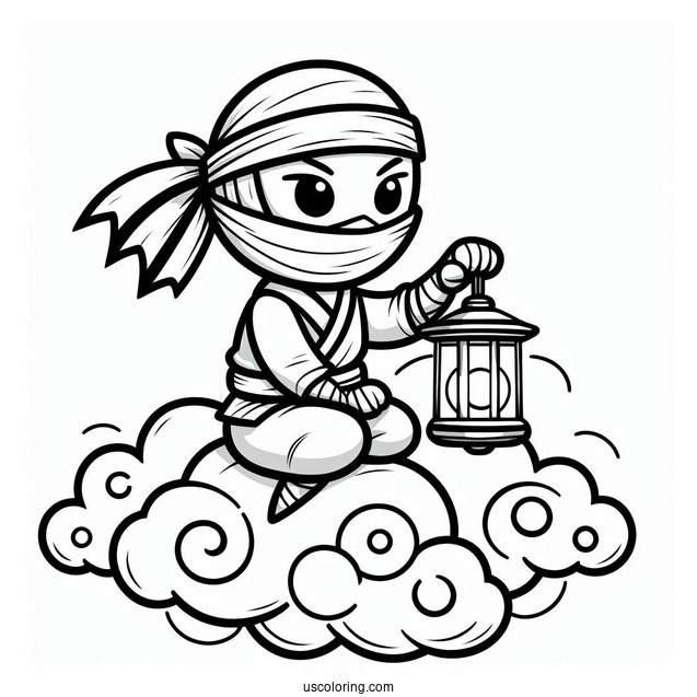 Ninja On A Cloud Holding A Lantern Coloring Sheet For Kids