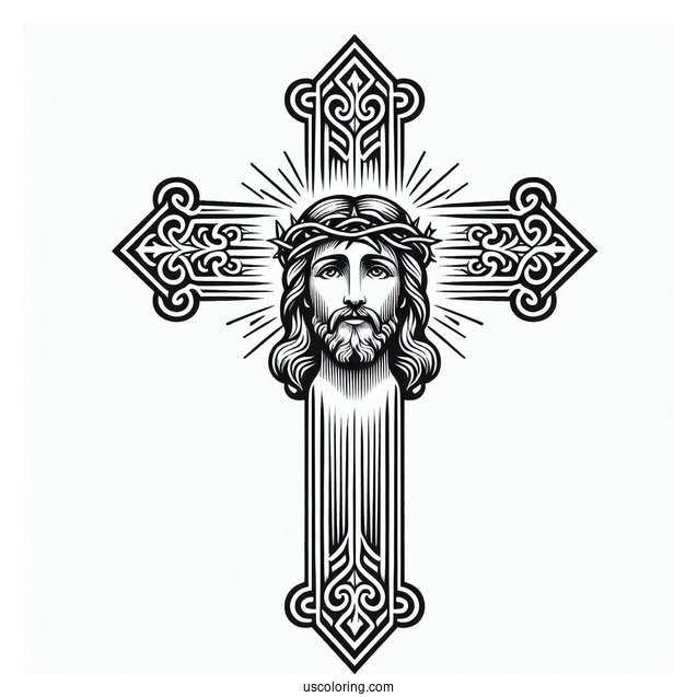 Elegant Cross Coloring Page With Jesus s Face At The Center