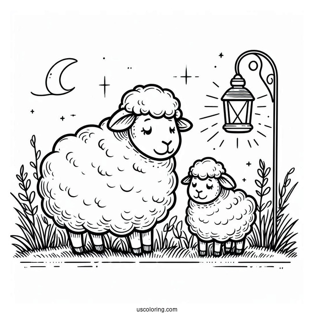 Mother Sheep And Lamp On Grass Coloring