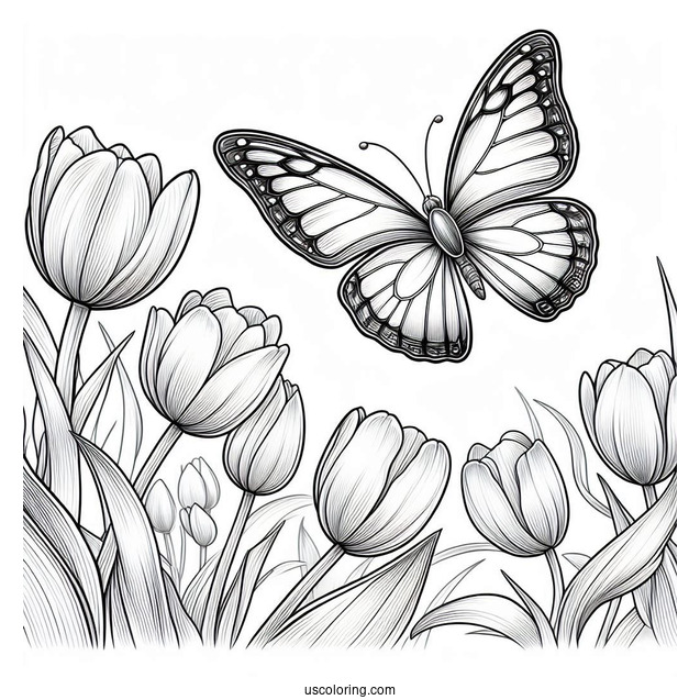 Realistic Outline Of Butterfly Hovering Over Tulips