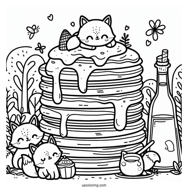 Easy Pancake Coloring Page Tower With Syrup And Tiny Foxes For Preschoolers