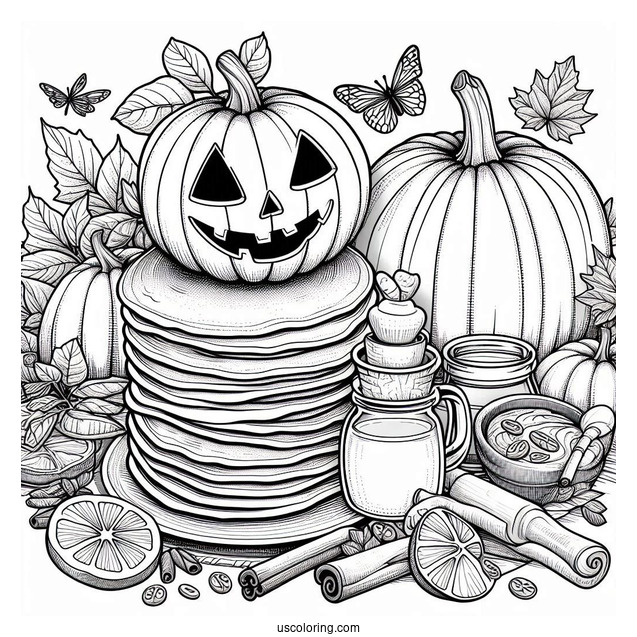 Realistic Fall Pancake Coloring Page With Jack O Lanterns