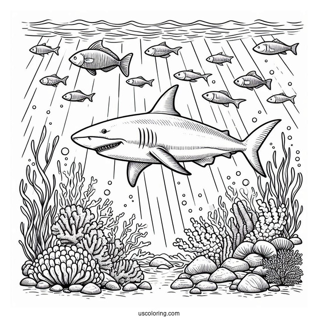 Sharks Coloring Page And Fish Beneath The Water Surface