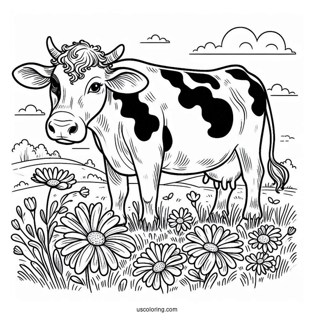 Daisy Cow Grazing In Field Coloring Page