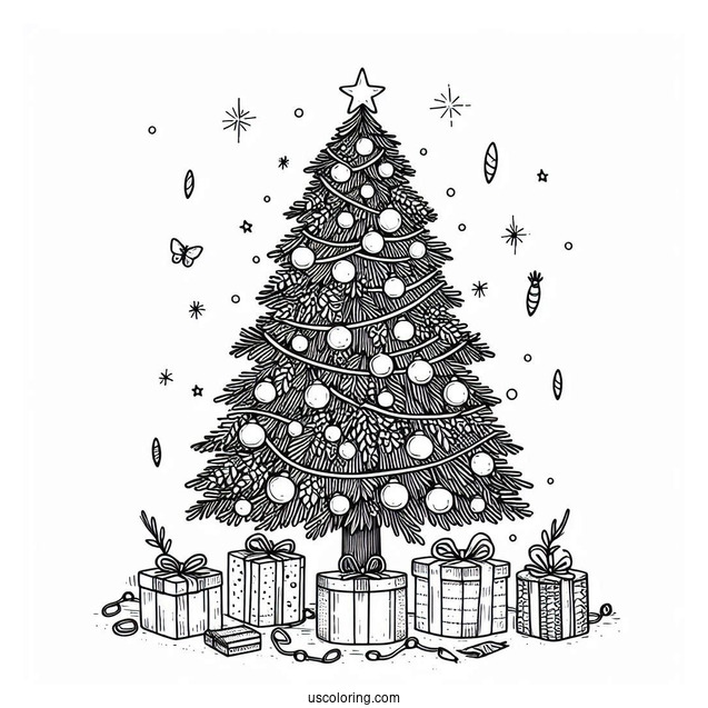 Christmas Tree With Light, Tinsel And Presents