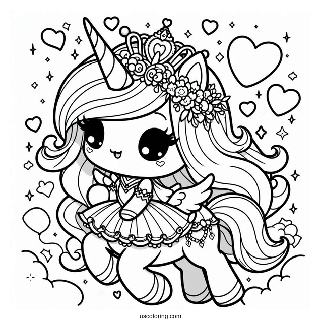 Chibi Unicorn Princess With Love Hearts And Sparkles Coloring Page