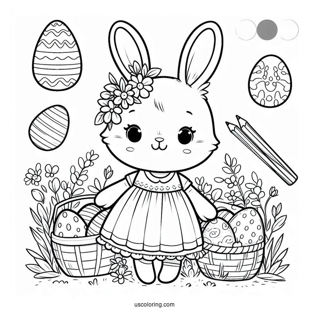 Beautiful Easter Coloring Page Of Bunny In A Dress With A Basket Full Of Eggs