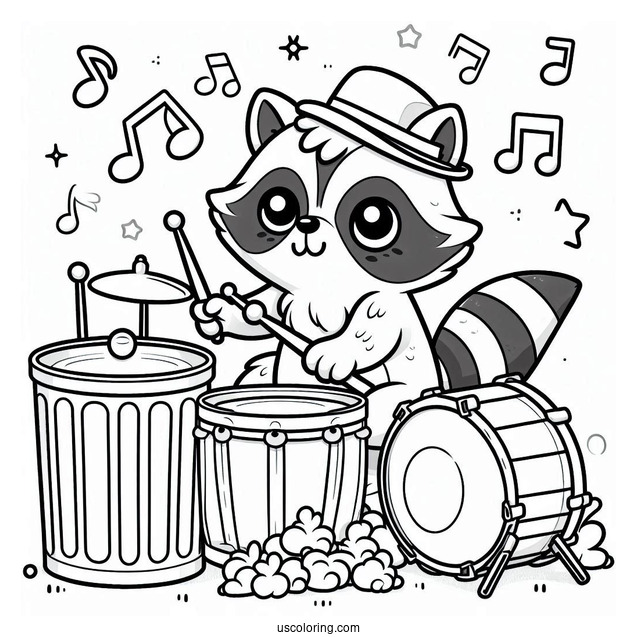Raccoon Coloring Page Playing Drums With Trash Bins