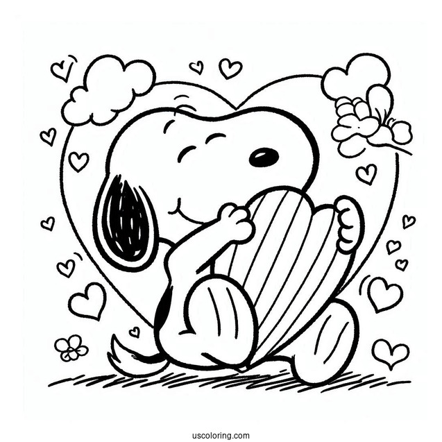 Snoopy Hugging a Big Love Heart To Color