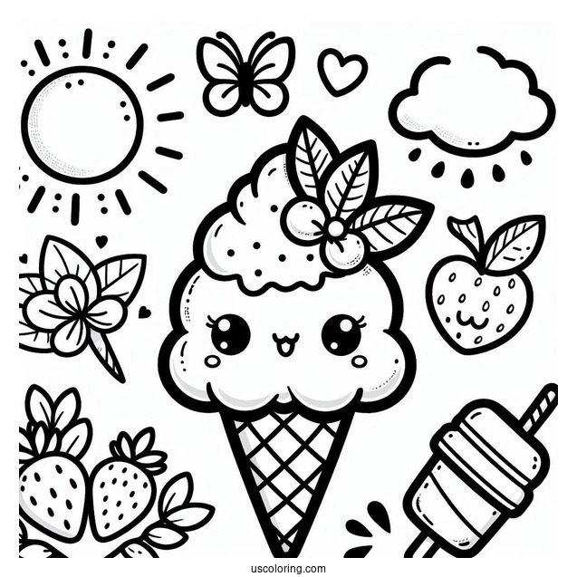 Summer Coloring Page Of Cute Ice Cream For Preschoolers