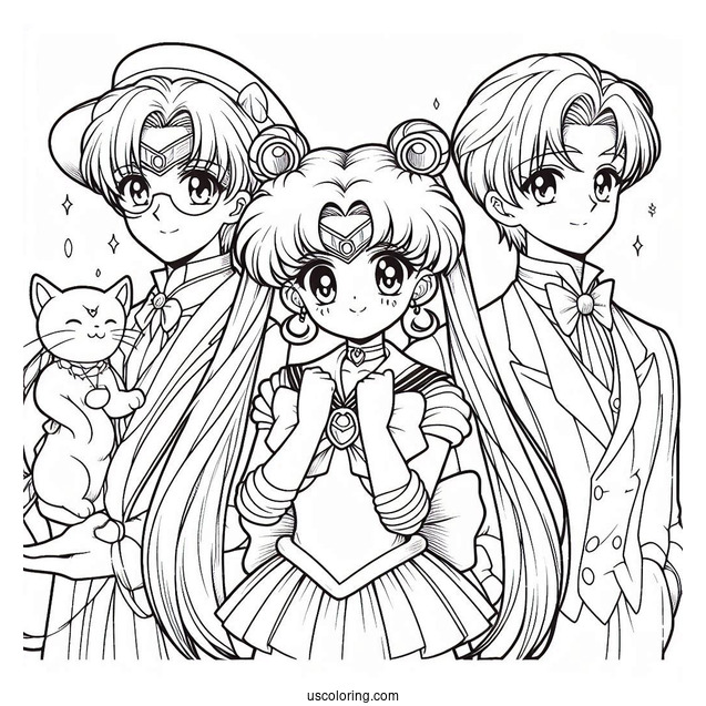 Sailor Moon, Tuxedo Mask, and Chibusa Coloring In