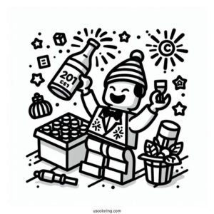 Lego Man Popping A Wine Bottle On New Year Coloring Page