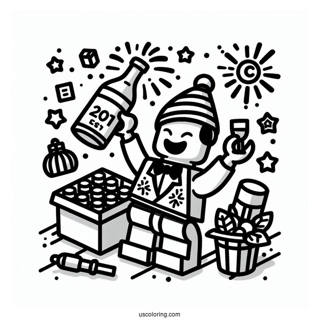 Lego Man Popping A Wine Bottle On New Year Coloring Page
