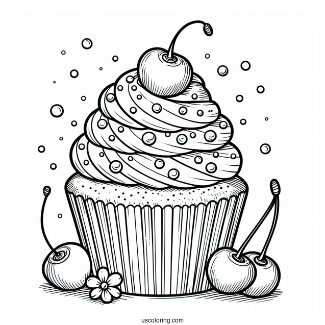 Cupcake With Cherries And Sprinkles To Color