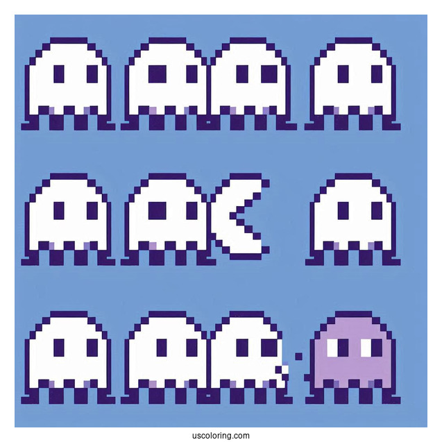 Retro Pixelated Pac-Man Coloring Page Ghosts