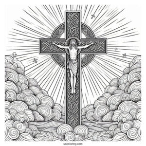 Detailed Celtic Cross Coloring Page In The Clouds With Jesus At The Center
