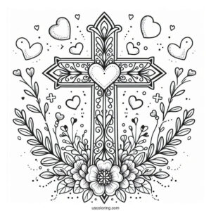 Cross Coloring Page With Love Hearts And Floral Details
