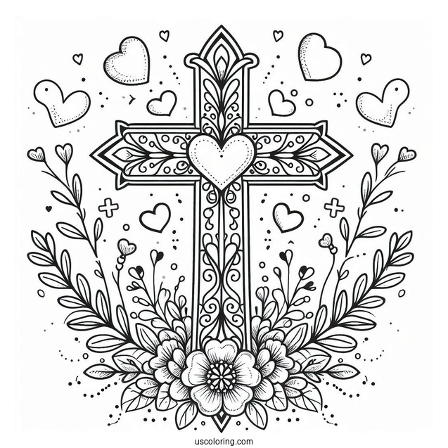 Cross Coloring Page With Love Hearts And Floral Details