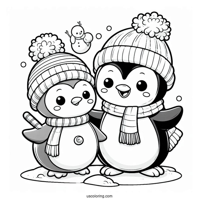 Cute Penguin And Snowman To Color