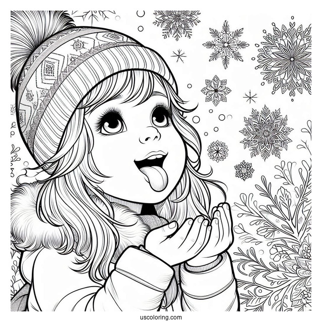 Realistic Little Girl Sticking Tongue Out To Catch Snowflake Coloring Page