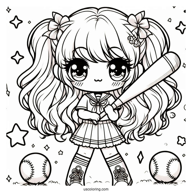 Kawaii Girl Baseball Coloring Page Player Holding A Bat