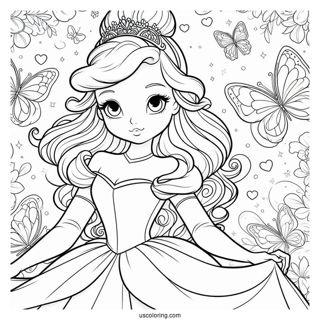 Princess Cinderella Coloring Page With Butterfly Background
