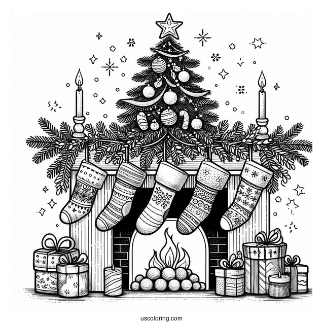 Christmas Tree And Stockings On Mantle