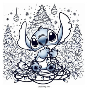 Stitch Tangled In Christmas Lights Coloring Page