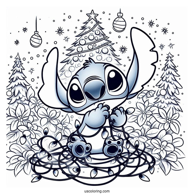 Stitch Tangled In Christmas Lights Coloring Page