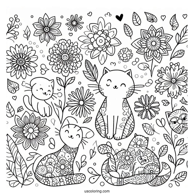 Cats And Flowers Pattern Coloring Page