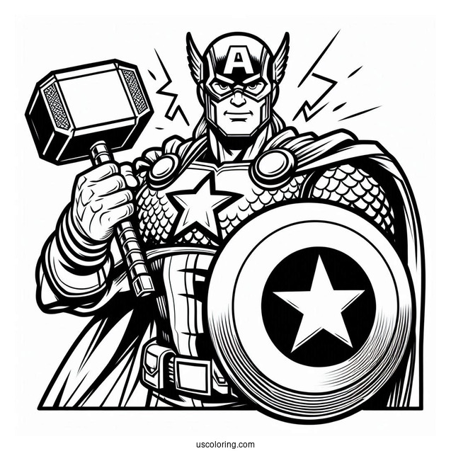 Coloring Page Of Captain America Holding Thors Hammer