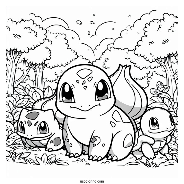 Bulbasaur Coloring Page With Charmander And Squirtle In Forest