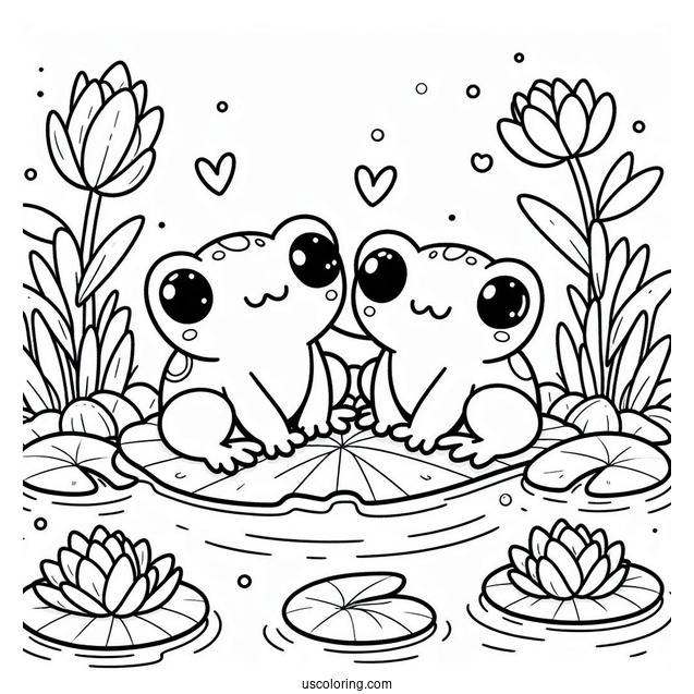 Frogs Sitting On Lily Pads In A Pond Coloring Sheet