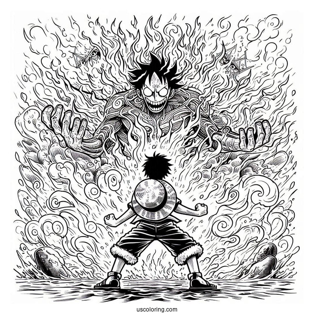 Luffy Coloring Page In Battle Mode Surrounded By Fire