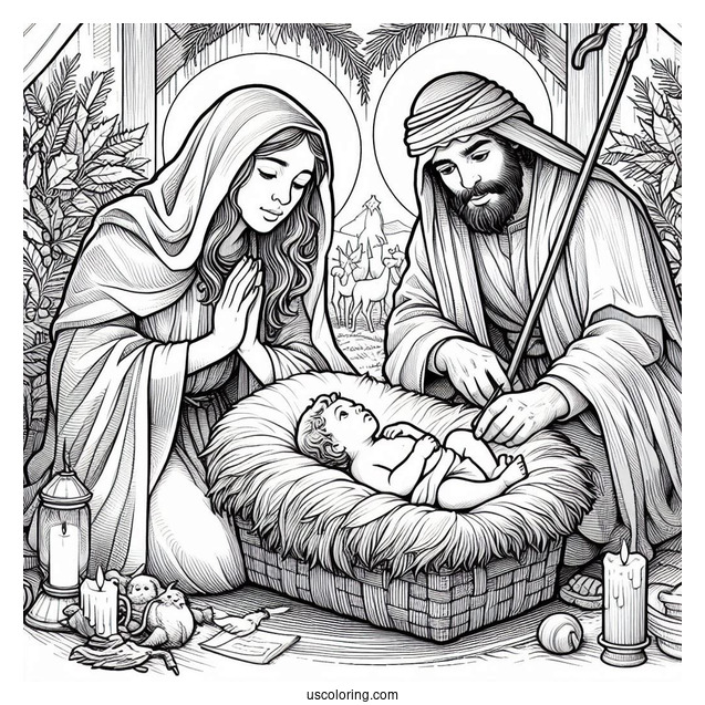 Nativity Coloring Page Of Realistic Wise Men With Joseph And Mary Watching Newborn Jesus