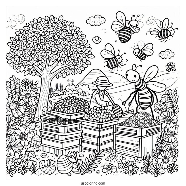 Bee Coloring Page Of Man Collecting Honey From A Apiary