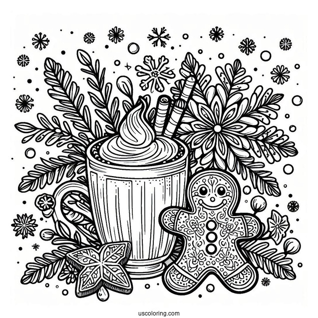 Snowflake Coloring Page With Hot Cocoa And Gingerbread Man