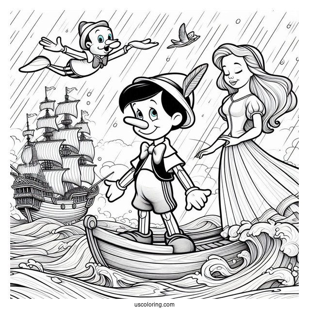 Pinocchio Coloring Page With Jiminiy, Figaro, And Cleo In Stormy Seas