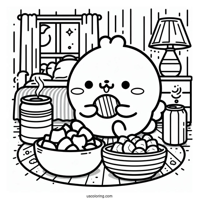 Pompompurin Eating Chips At Home Coloring Sheet