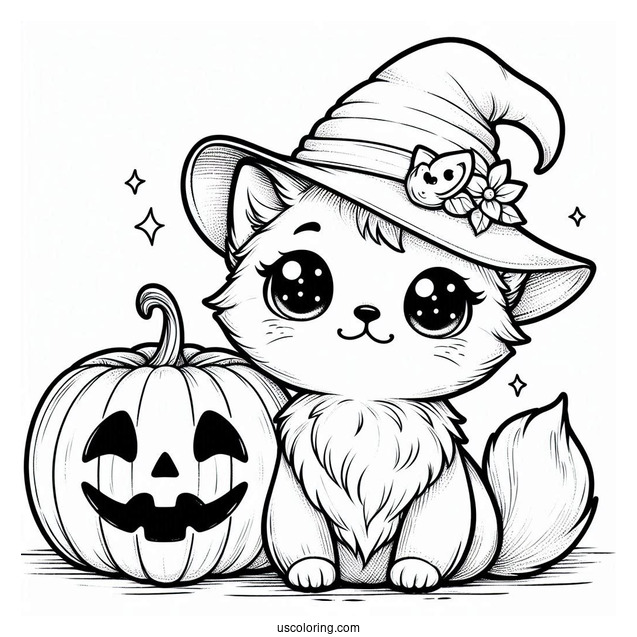Cat Pumpkin Coloring Page Wearing A Witch Hat