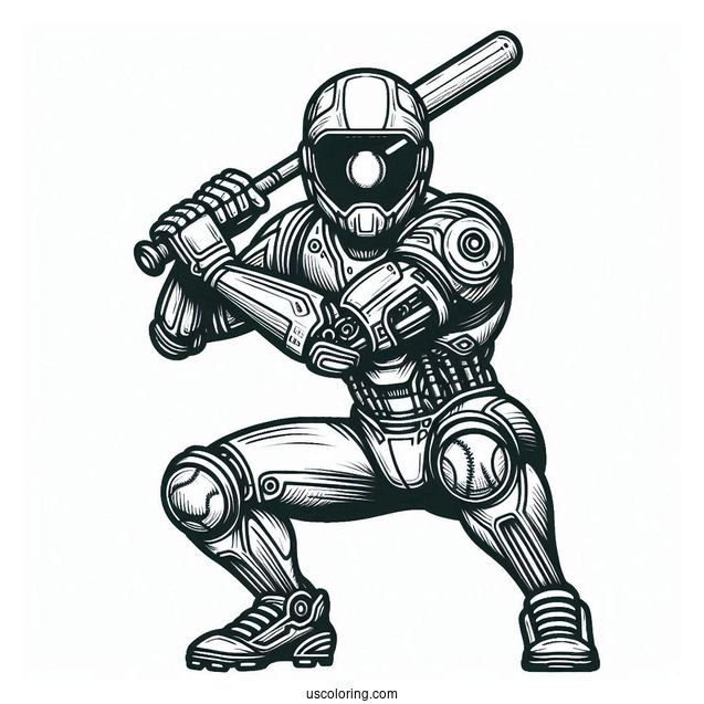 Cool Futuristic Robot Baseball Coloring Page Of Player Ready to Bat