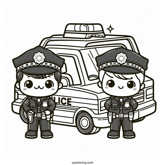 Cartoon Police Officer Next To His Police Car Coloring Page