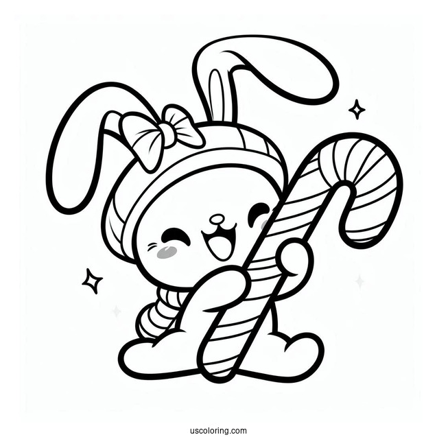Excited Rabbit Hugging A Candy Cane Coloring Page In Winter For Kids
