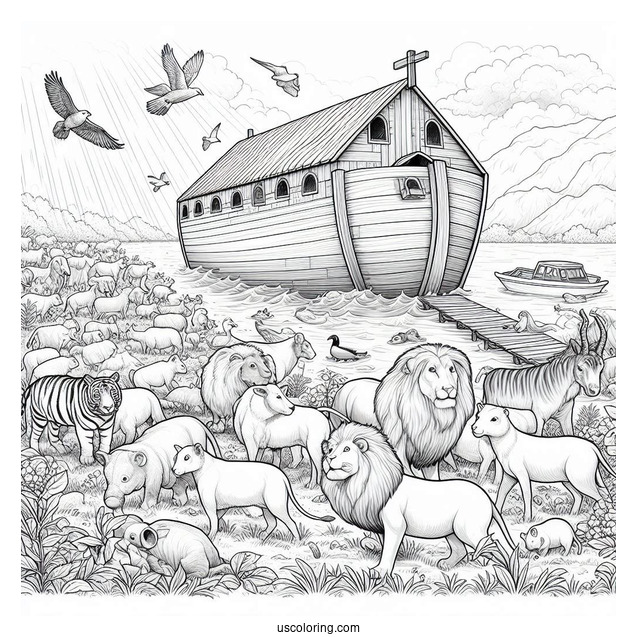Realistic Noah's Ark Coloring Page With Animals Leaving The Ark