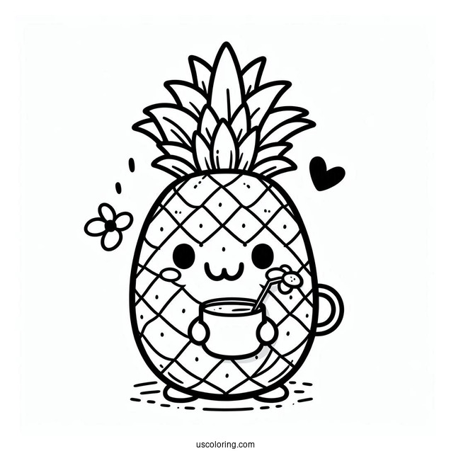 Smiling Pineapple Coloring Page Holding Milk Tea For Kids