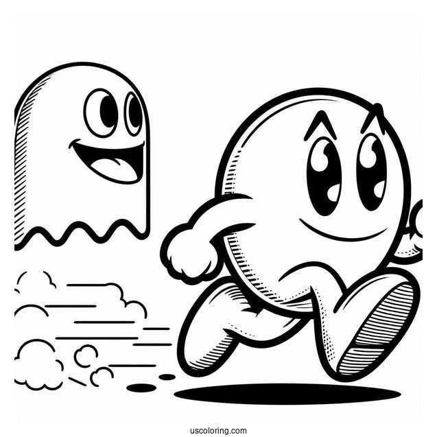 Pac-Man Coloring Page Running Towards Cyan Ghost