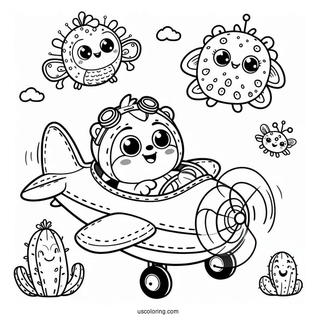 Smiling Critters Coloring Page On A Flying Car