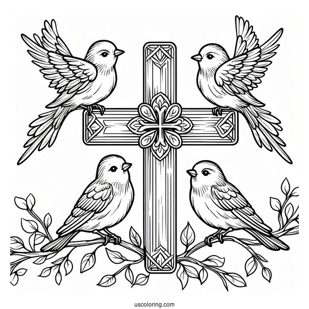 Four Birds Perched On A Cross Coloring Page